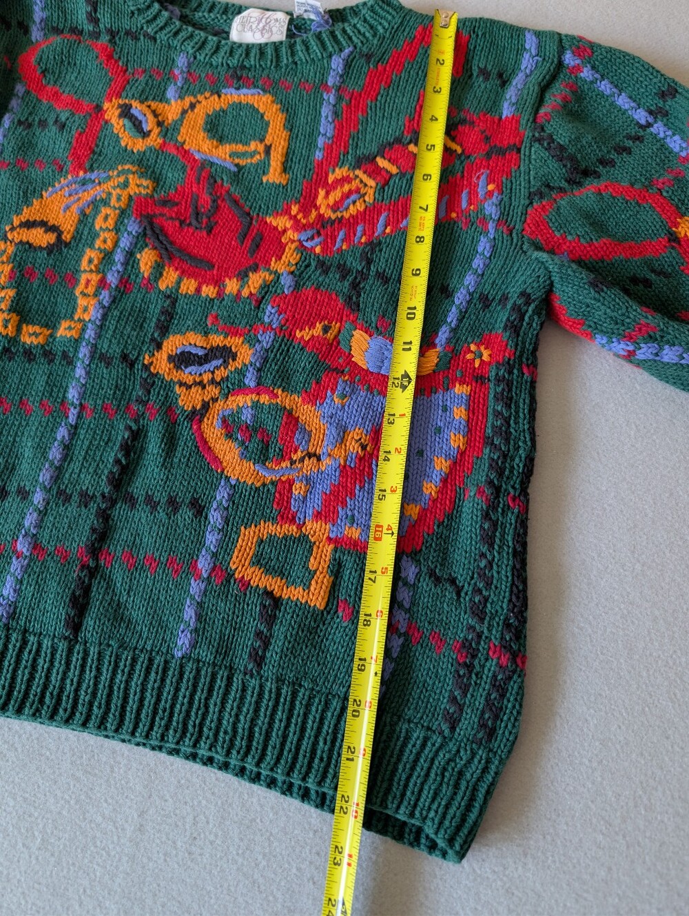 Vintage Holiday Plaid Knit Graphic Green Sweater Ramie Cotton Eclectic Sz M image 7